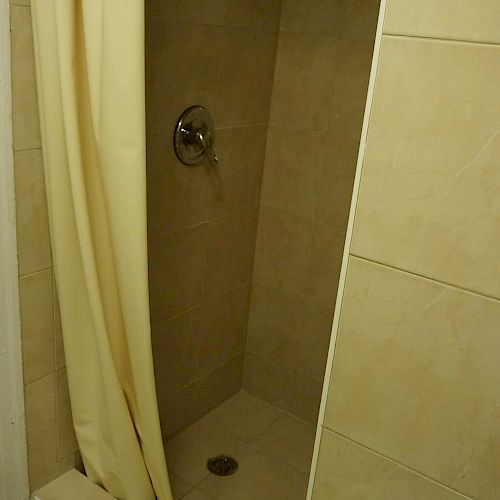 The image shows a tiled shower stall with a beige curtain partially drawn, a metal shower handle, and a drain in the floor.