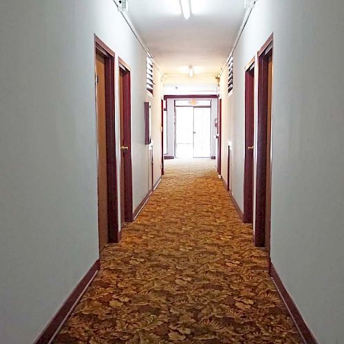 A hallway with a patterned carpet, white walls, and doors on both sides leading to rooms. The hallway is lit with overhead lights and extends into the distance.