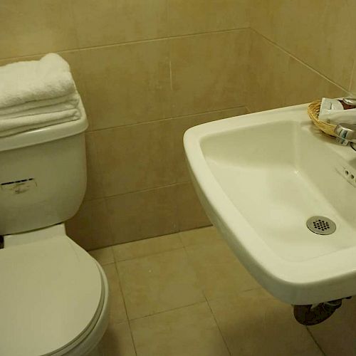 A bathroom with a toilet, toilet paper, stacked towels, a sink with a faucet, a mirror above, and a basket with toiletries on the sink.