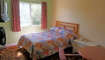 A hotel room with a bed covered by a colorful bedspread, side table with phone, TV mounted on the wall, a fan, a window, and a small table.