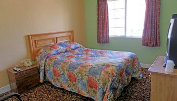 A bedroom with a colorful, patterned bedspread, bedside table with a phone, a window with curtains, and a TV on a dresser.