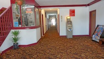 A hallway with a carpeted floor, a reception area labeled "Manager," a stairway, a payphone, and a brochure stand with various pamphlets.