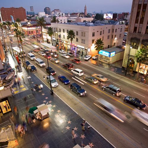 A bustling city street with heavy traffic, numerous shops, and palm trees. The sidewalk features stars, indicating it's a famous walk of fame.